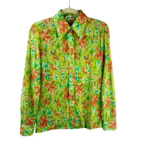 Vintage 70s 80s Lady Manhattan Blouse Top Women Small Floral Long Sleeves Green
